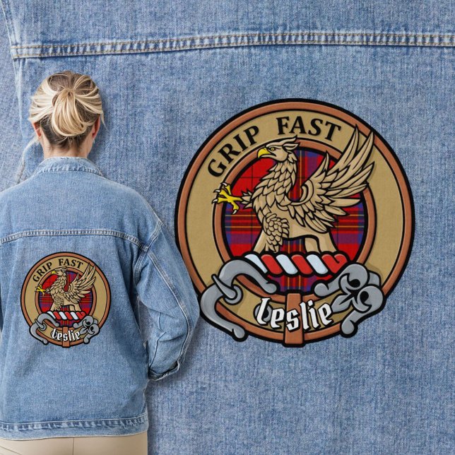 Clan Leslie Crest over Red Tartan Denim Jacket (Creator Uploaded)