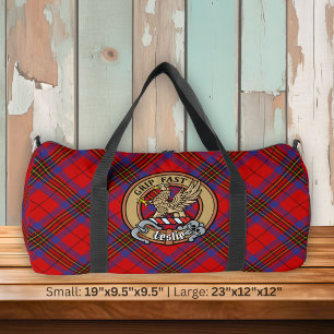 Clan Leslie Crest over Red Tartan Duffle Bag