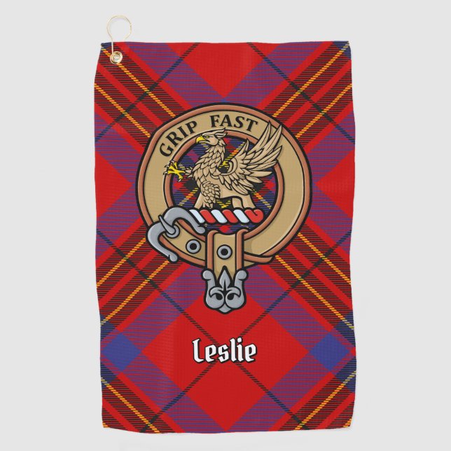 Clan Leslie Crest over Red Tartan Golf Towel (Front)
