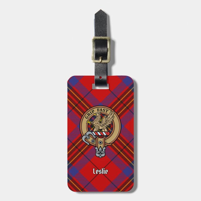 Clan Leslie Crest over Red Tartan Luggage Tag (Front Vertical)