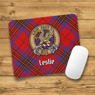 Clan Leslie Crest over Red Tartan Mouse Mat