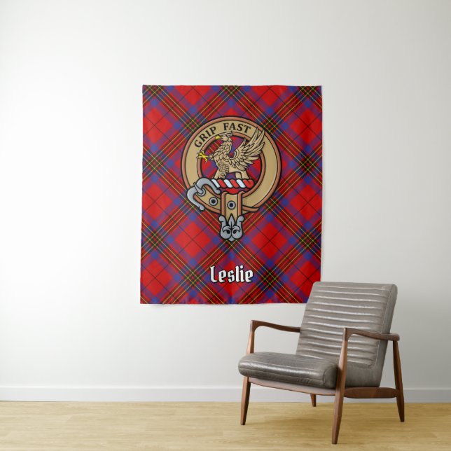 Clan Leslie Crest over Red Tartan Tapestry (In Situ)