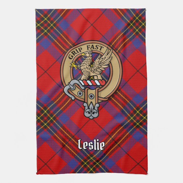 Clan Leslie Crest over Red Tartan Tea Towel (Vertical)