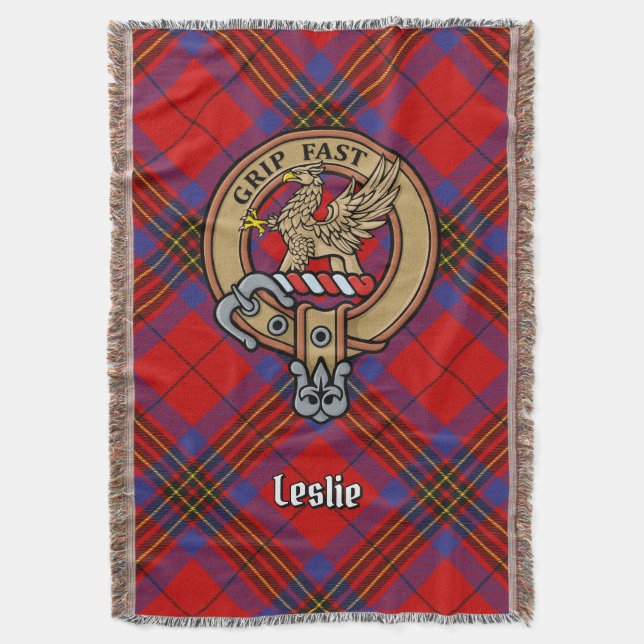 Clan Leslie Crest over Red Tartan Throw Blanket (Front Vertical)