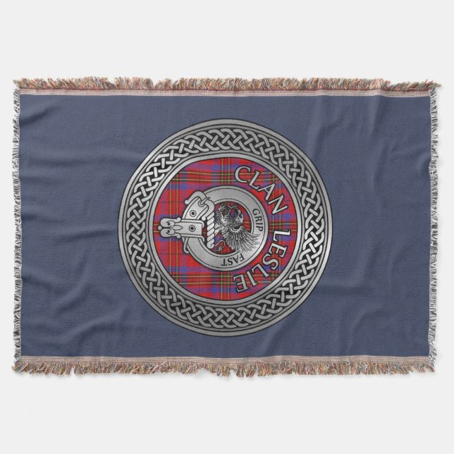 Clan Leslie Crest & Tartan Knot Throw Blanket (Front)