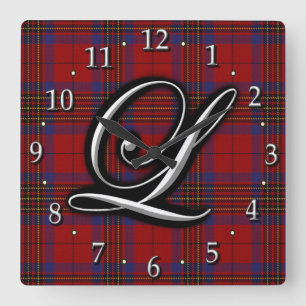 Clan Leslie Letter L Monogram Red Tartan Square Wall Clock