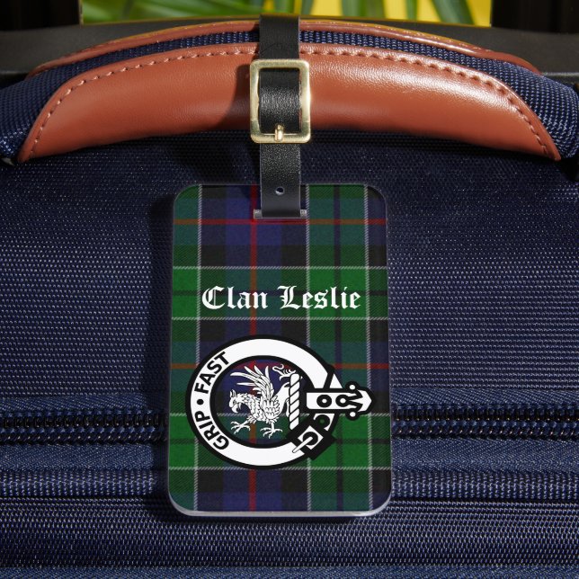 Clan Leslie Tartan & Crest Luggage Tag (Front Insitu 2)