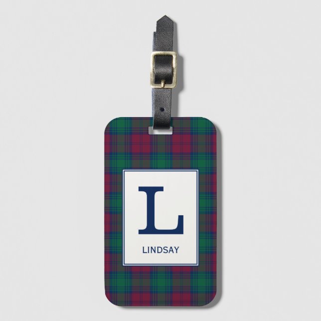 Clan Lindsay Tartan Monogrammed Luggage Tag (Front Vertical)