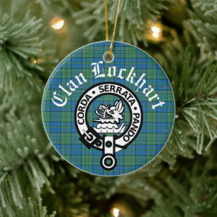 Clan Lockhart Crest Badge & Tartan Ceramic Tree Decoration