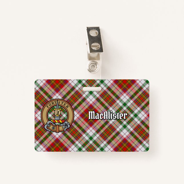 Clan MacAlister Crest over Dress Tartan ID Badge (Front with Clip)