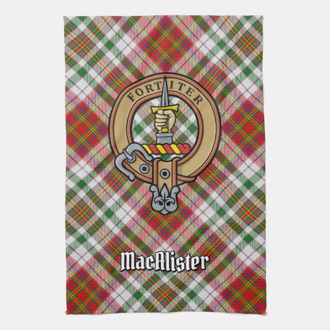 Clan MacAlister Crest over Dress Tartan Tea Towel (Vertical)
