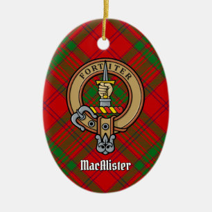 Clan MacAlister Crest over Glenbarr Tartan Ceramic Tree Decoration