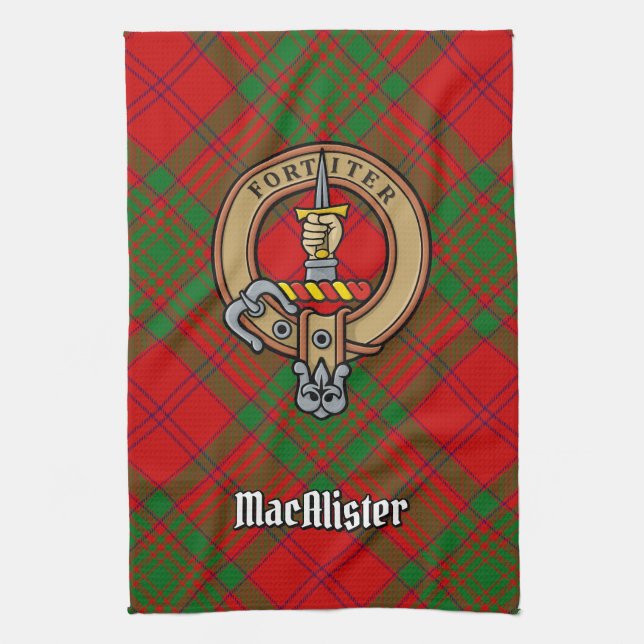 Clan MacAlister Crest over Glenbarr Tartan Tea Towel (Vertical)