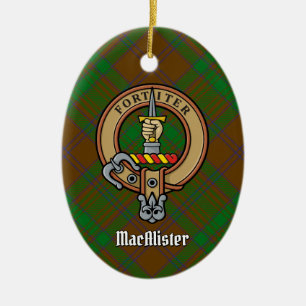 Clan MacAlister Crest over Hunting Glenbarr Tartan Ceramic Tree Decoration