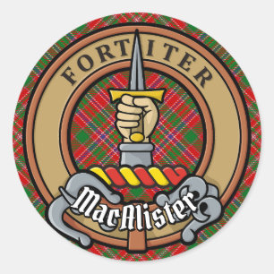 Clan MacAlister Crest over Tartan Classic Round Sticker