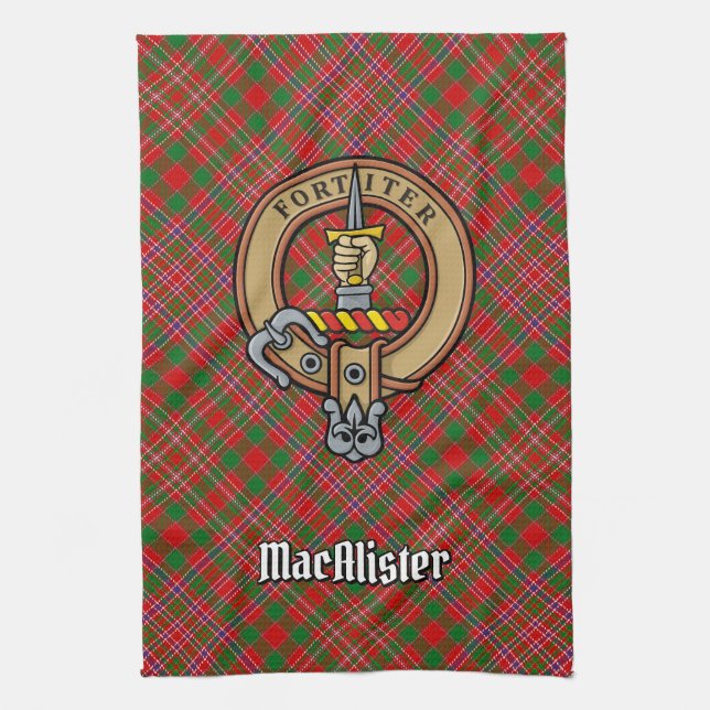 Clan MacAlister Crest over Tartan Kitchen Towel (Vertical)