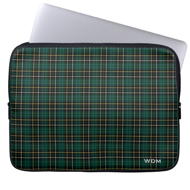 Clan MacAlpine Tartan Dark Green Plaid Monogrammed Laptop Sleeve (Front)