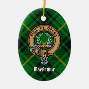 Clan MacArthur Crest over Tartan Ceramic Tree Decoration