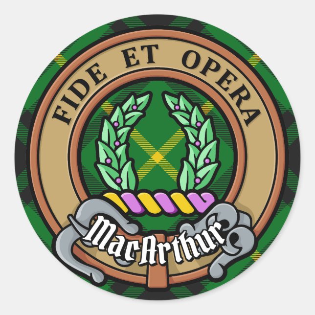 Clan MacArthur Crest over Tartan Classic Round Sticker (Front)