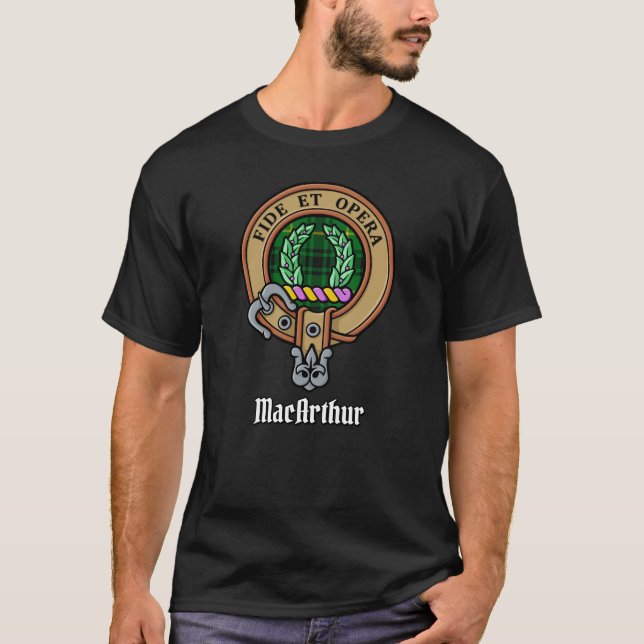 Clan MacArthur Crest over Tartan T-Shirt (Front)