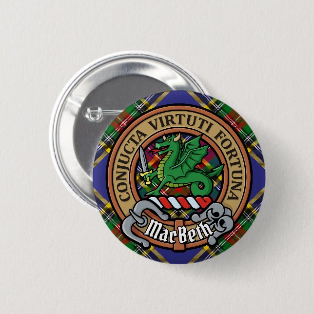 Clan MacBeth Crest over Tartan 6 Cm Round Badge (Front & Back)