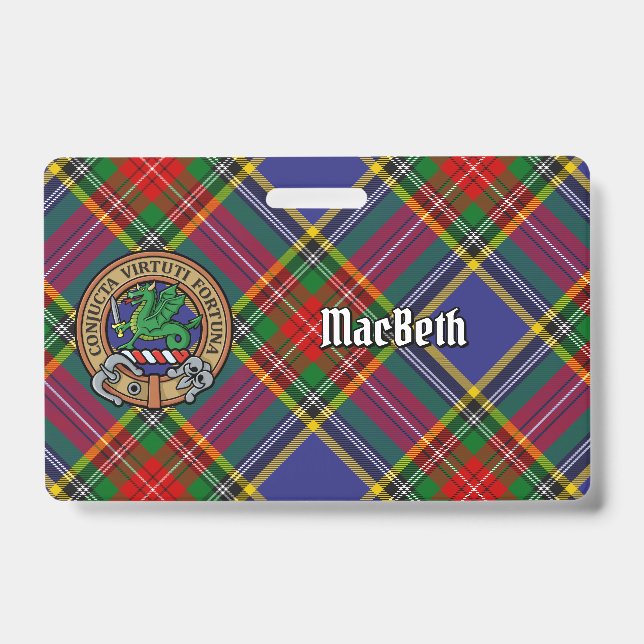 Clan MacBeth Crest over Tartan ID Badge (Front)