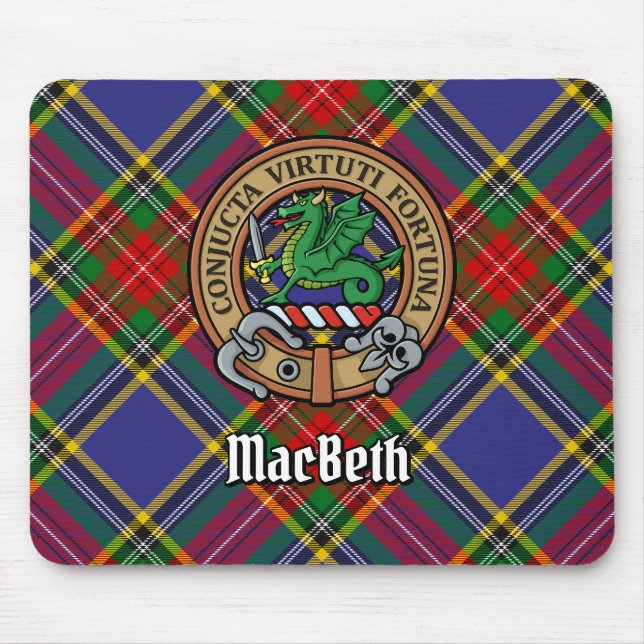 Clan MacBeth Crest over Tartan Mouse Mat (Front)