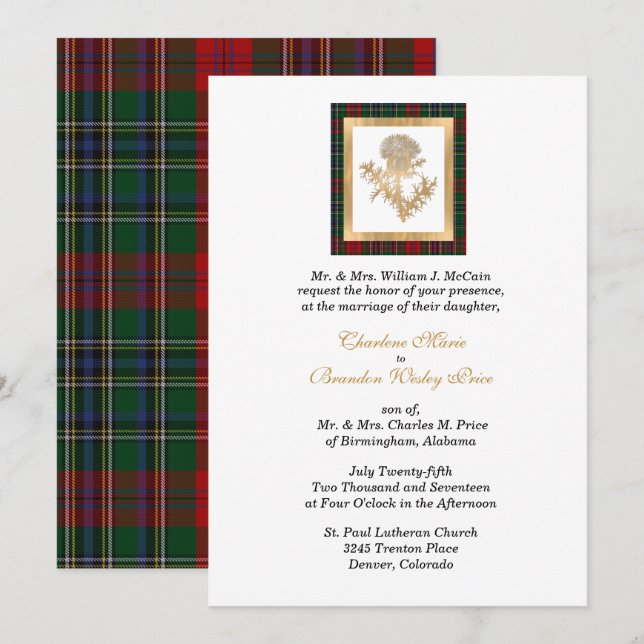 Clan MacClain Thistle Tartan Wedding Invitation (Front/Back)