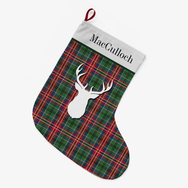 Clan MacCulloch Tartan Green Red Plaid Large Christmas Stocking (Front (Hanging))