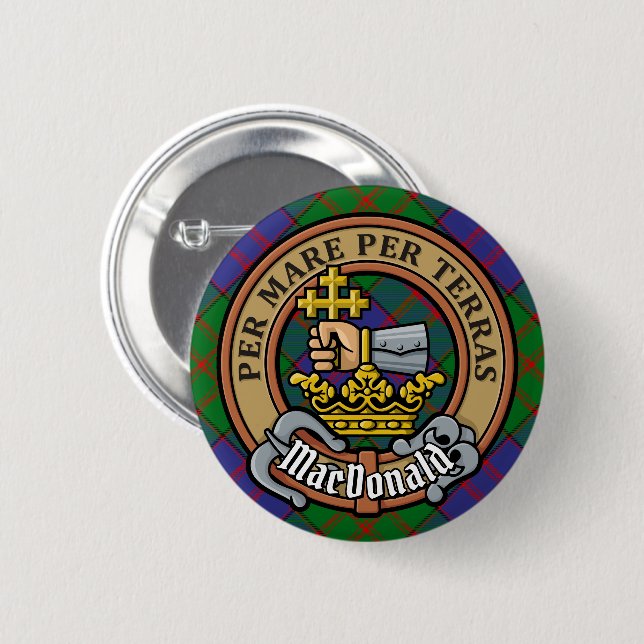 Clan MacDonald Crest over Tartan 6 Cm Round Badge (Front & Back)
