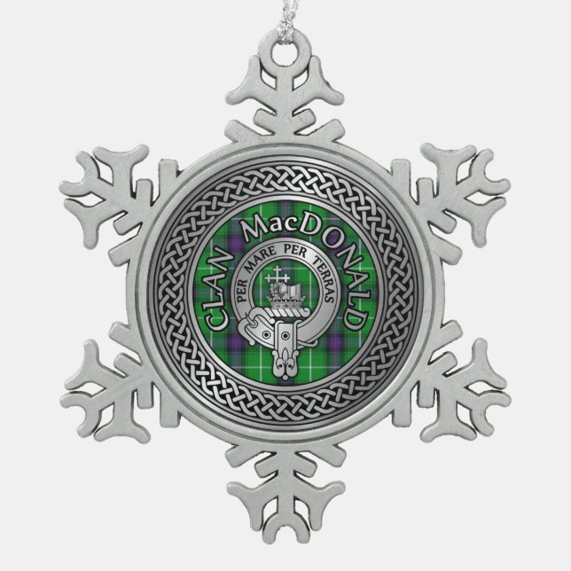 Clan MacDonald Crest & Tartan Knot Snowflake Pewter Christmas Ornament (Front)