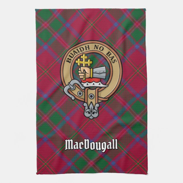 Clan MacDougall Crest over Tartan Tea Towel (Vertical)