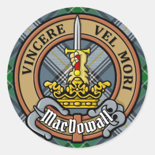 Clan MacDowall Crest over Tartan Classic Round Sticker