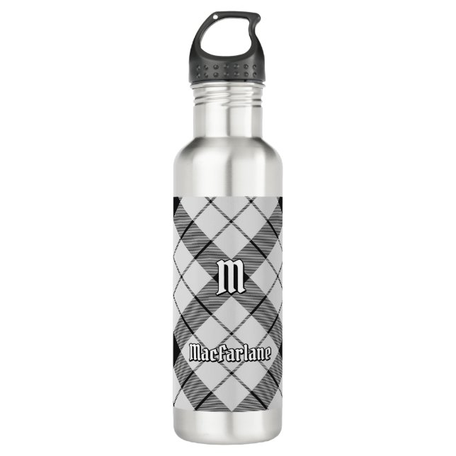 Clan MacFarlane Black and White Tartan 710 Ml Water Bottle (Front)