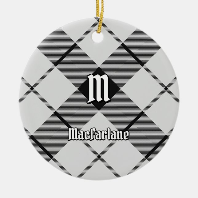 Clan MacFarlane Black and White Tartan Ceramic Tree Decoration (Front)