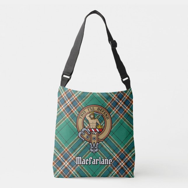 Clan MacFarlane Crest over Ancient Hunting Tartan Crossbody Bag (Front)
