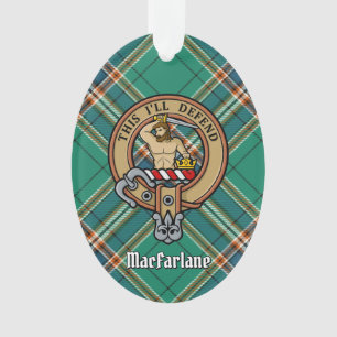 Clan MacFarlane Crest over Ancient Hunting Tartan Ornament