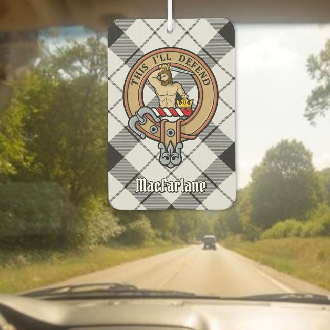 Clan MacFarlane Crest over Black and White Tartan Car Air Freshener (Creator Uploaded)