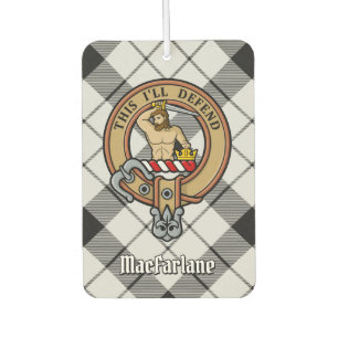 Clan MacFarlane Crest over Black and White Tartan Car Air Freshener
