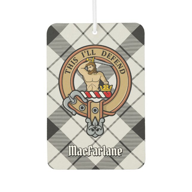 Clan MacFarlane Crest over Black and White Tartan Car Air Freshener (Front)