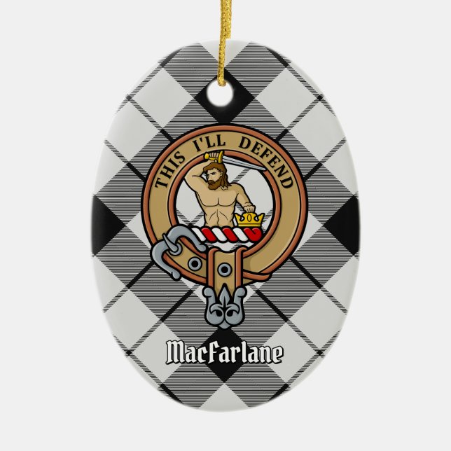 Clan MacFarlane Crest over Black and White Tartan Ceramic Tree Decoration (Front)