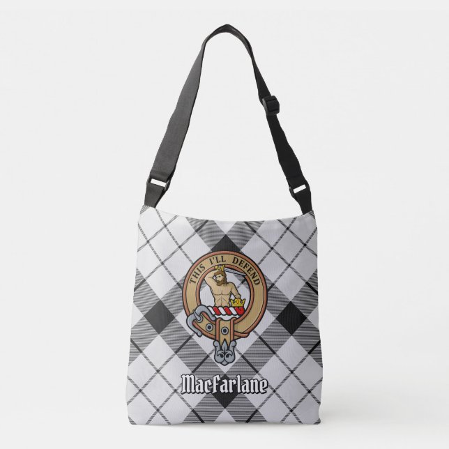 Clan MacFarlane Crest over Black and White Tartan Crossbody Bag (Front)