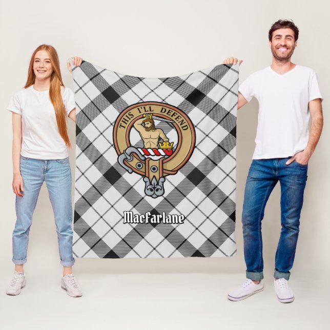 Clan MacFarlane Crest over Black and White Tartan Fleece Blanket (In Situ)