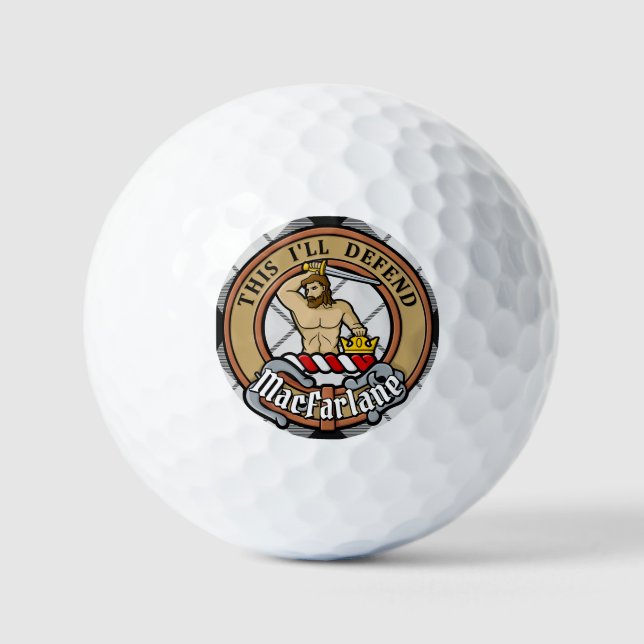 Clan MacFarlane Crest over Black and White Tartan Golf Balls (Front)
