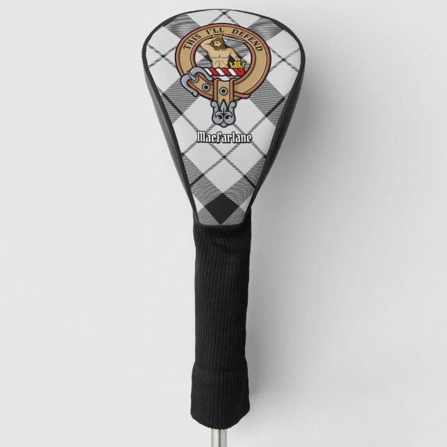 Clan MacFarlane Crest over Black and White Tartan Golf Head Cover (Front)