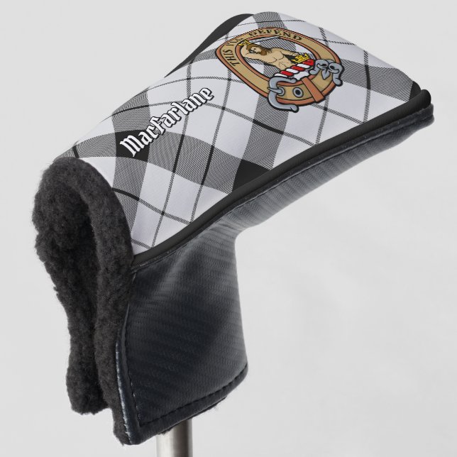 Clan MacFarlane Crest over Black and White Tartan Golf Head Cover (3/4 Front)