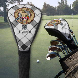 Clan MacFarlane Crest over Black and White Tartan Golf Head Cover