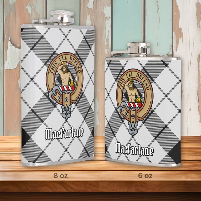 Clan MacFarlane Crest over Black and White Tartan Hip Flask (Creator Uploaded)