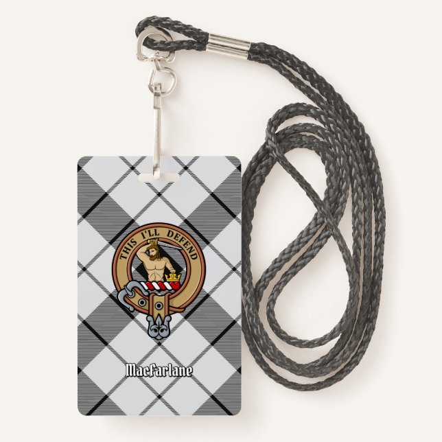 Clan MacFarlane Crest over Black and White Tartan ID Badge (Front with Lanyard)
