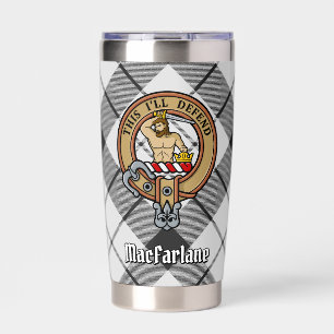 Clan MacFarlane Crest over Black and White Tartan Insulated Tumbler